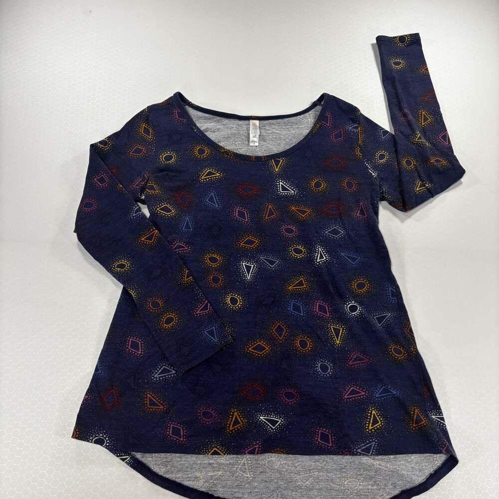 LuLaRoe Lynnae Women's Size Small Long Sleeve Tunic Top Navy Blue Geometric